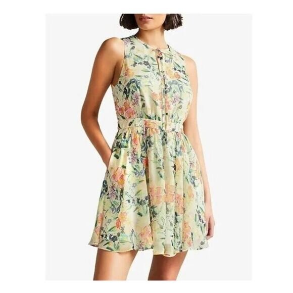 TED BAKER Harriss Floral Chiffon Sleeveless Mini Dress Size 4 Tie Neck Pockets - Picture 3 of 9